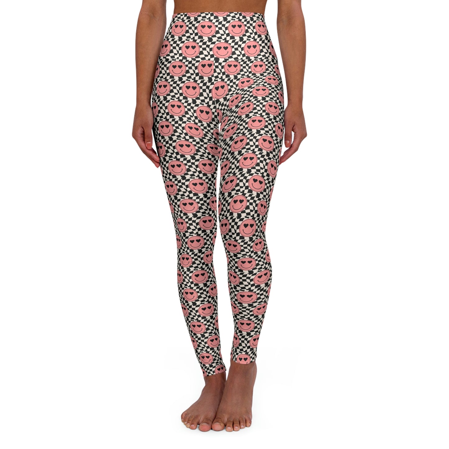 Heart Eyes Smiley Face with Checkered Background High Waisted Yoga Leggings