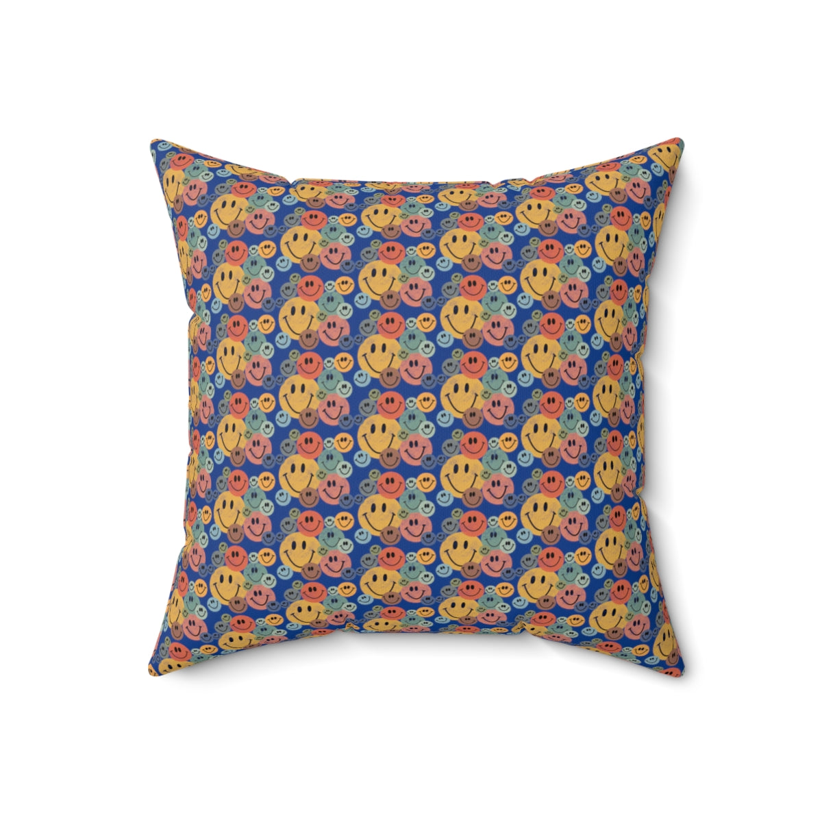 Blue Boho Retro Rustic Colored Smiley Face Pattern Spun Polyester Square Pillow