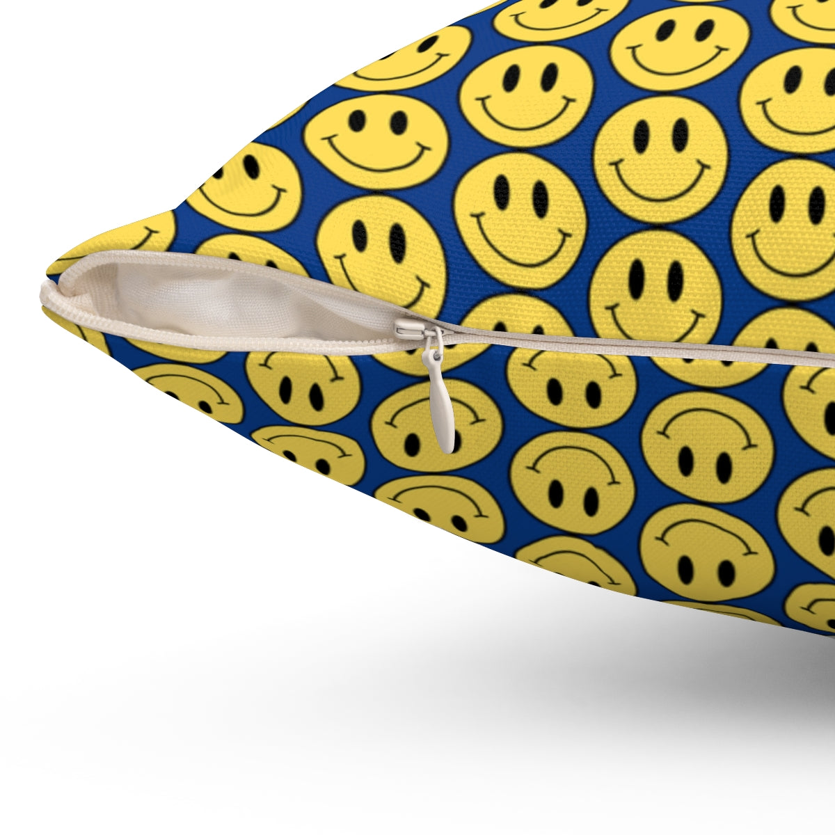 Yellow and Blue Smiley Face Pattern Spun Polyester Square Pillow