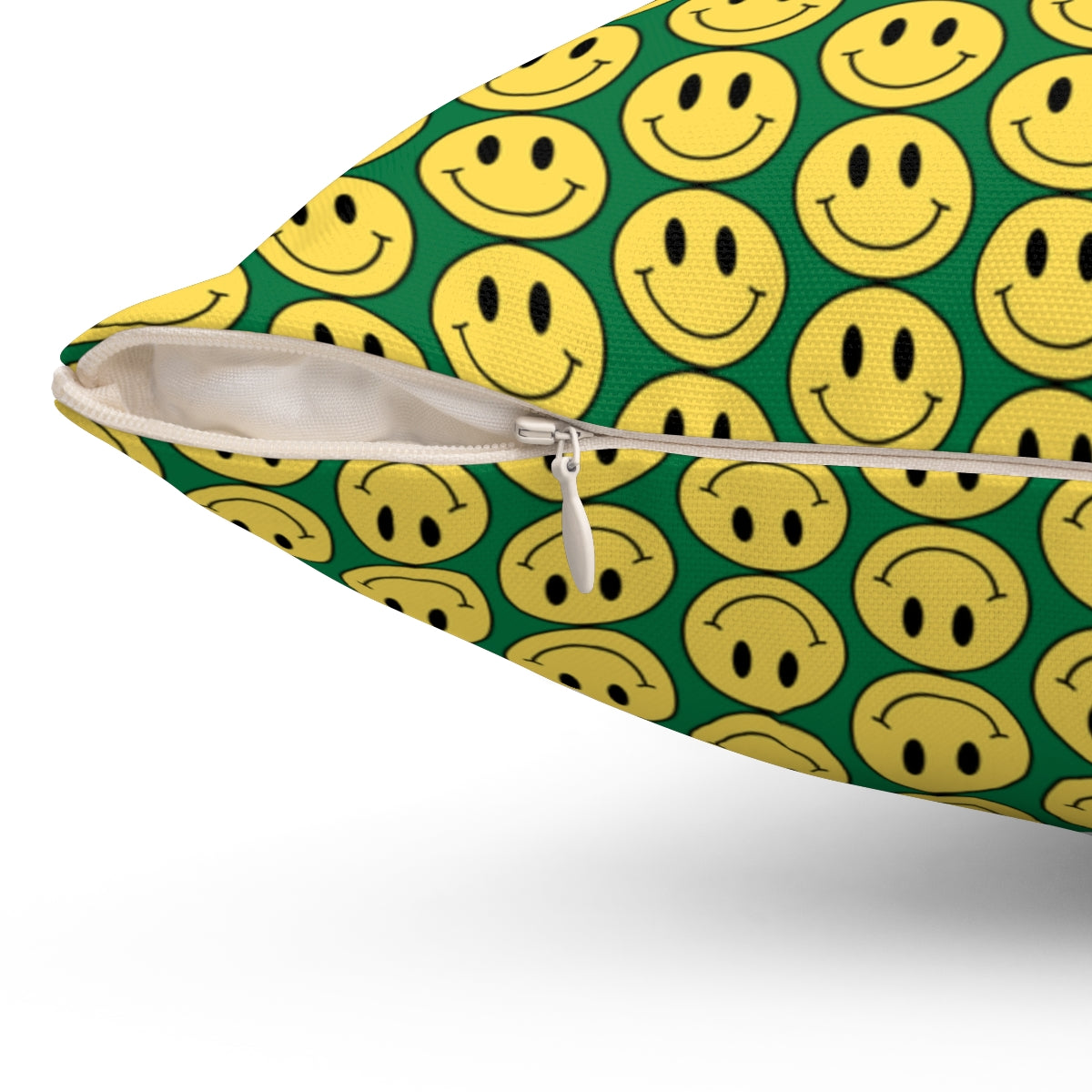 Yellow and Dark Green Smiley Face Pattern Spun Polyester Square Pillow