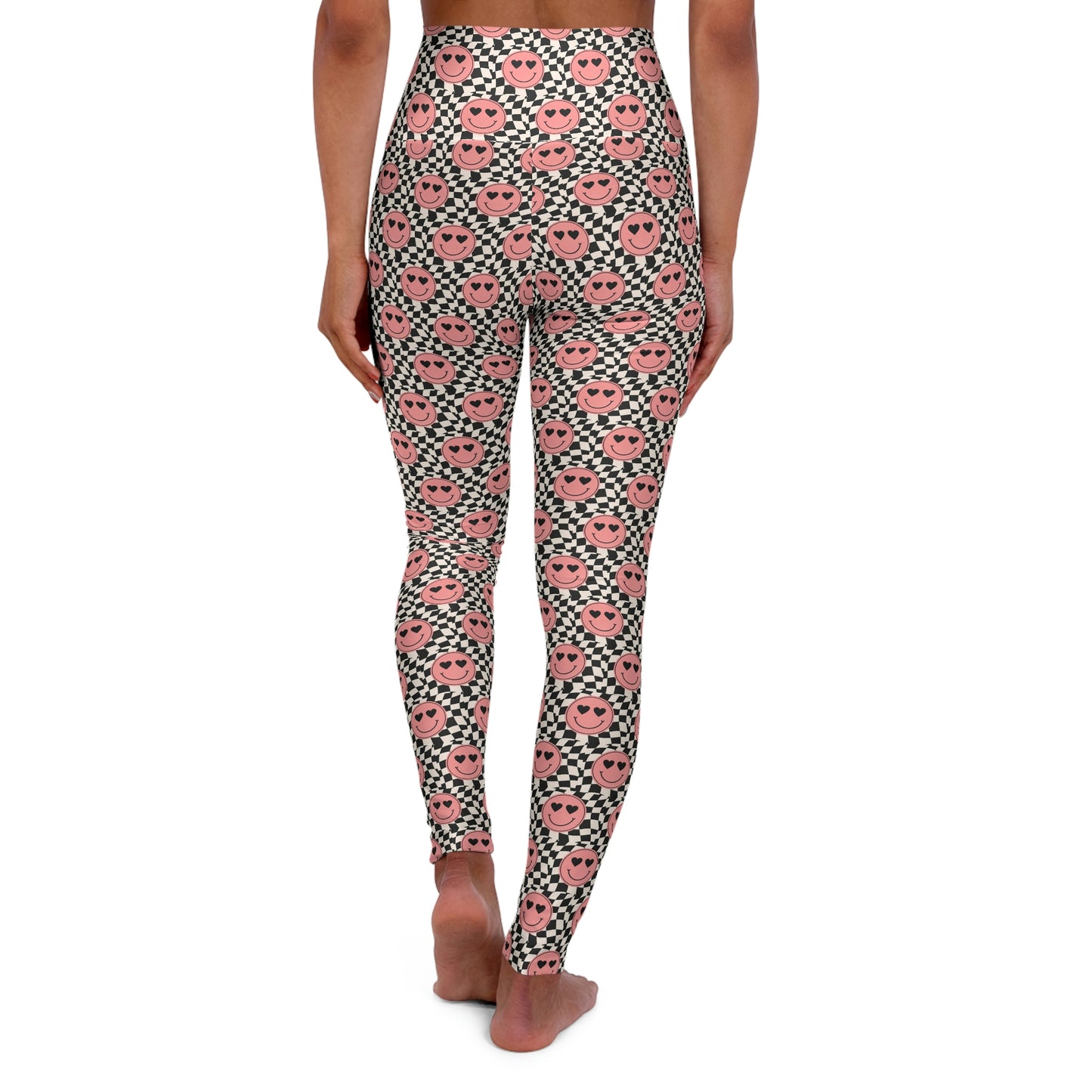 Heart Eyes Smiley Face with Checkered Background High Waisted Yoga Leggings