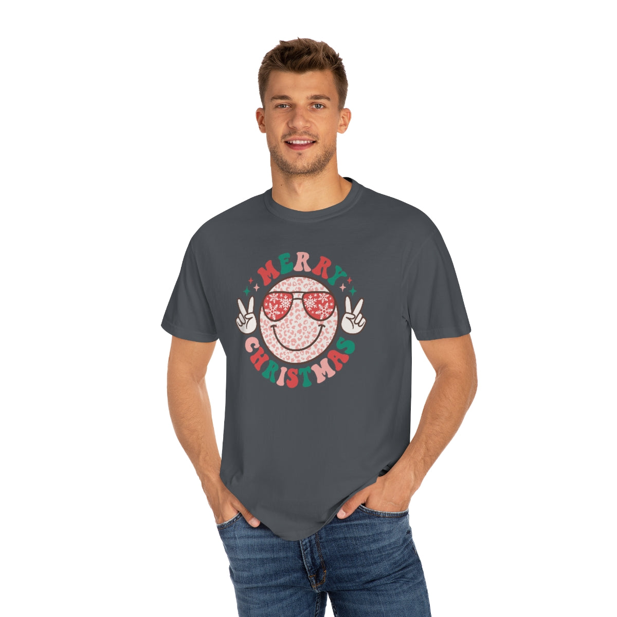 Merry Christmas Smiley Face Peace Sign Multi-Color Unisex Garment-Dyed Comfort Colors PREMIUM T-shirt