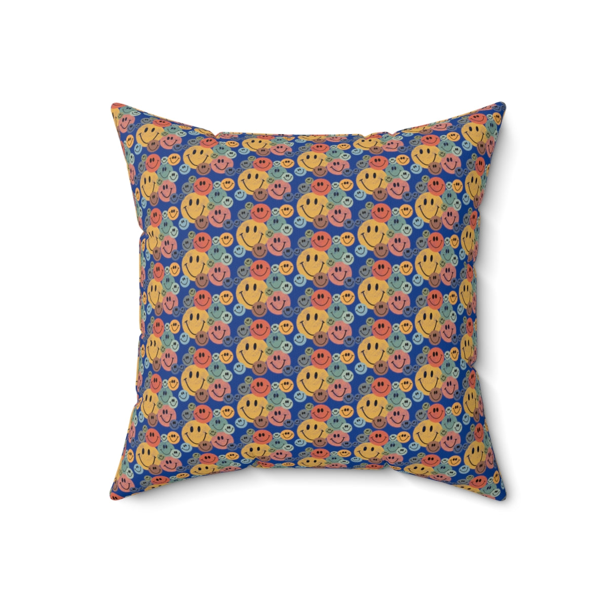 Blue Boho Retro Rustic Colored Smiley Face Pattern Spun Polyester Square Pillow