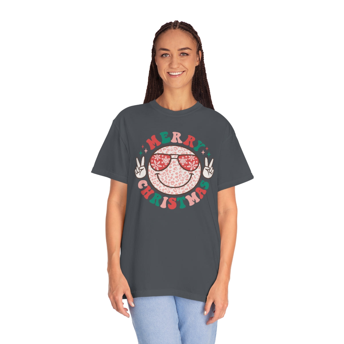 Merry Christmas Smiley Face Peace Sign Multi-Color Unisex Garment-Dyed Comfort Colors PREMIUM T-shirt