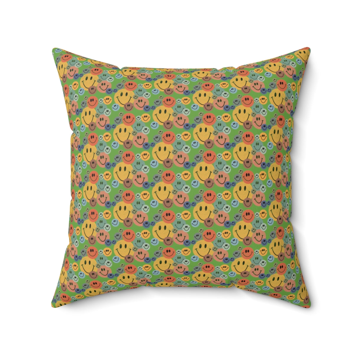 Green Boho Retro Rustic Colored Smiley Face Pattern Spun Polyester Square Pillow