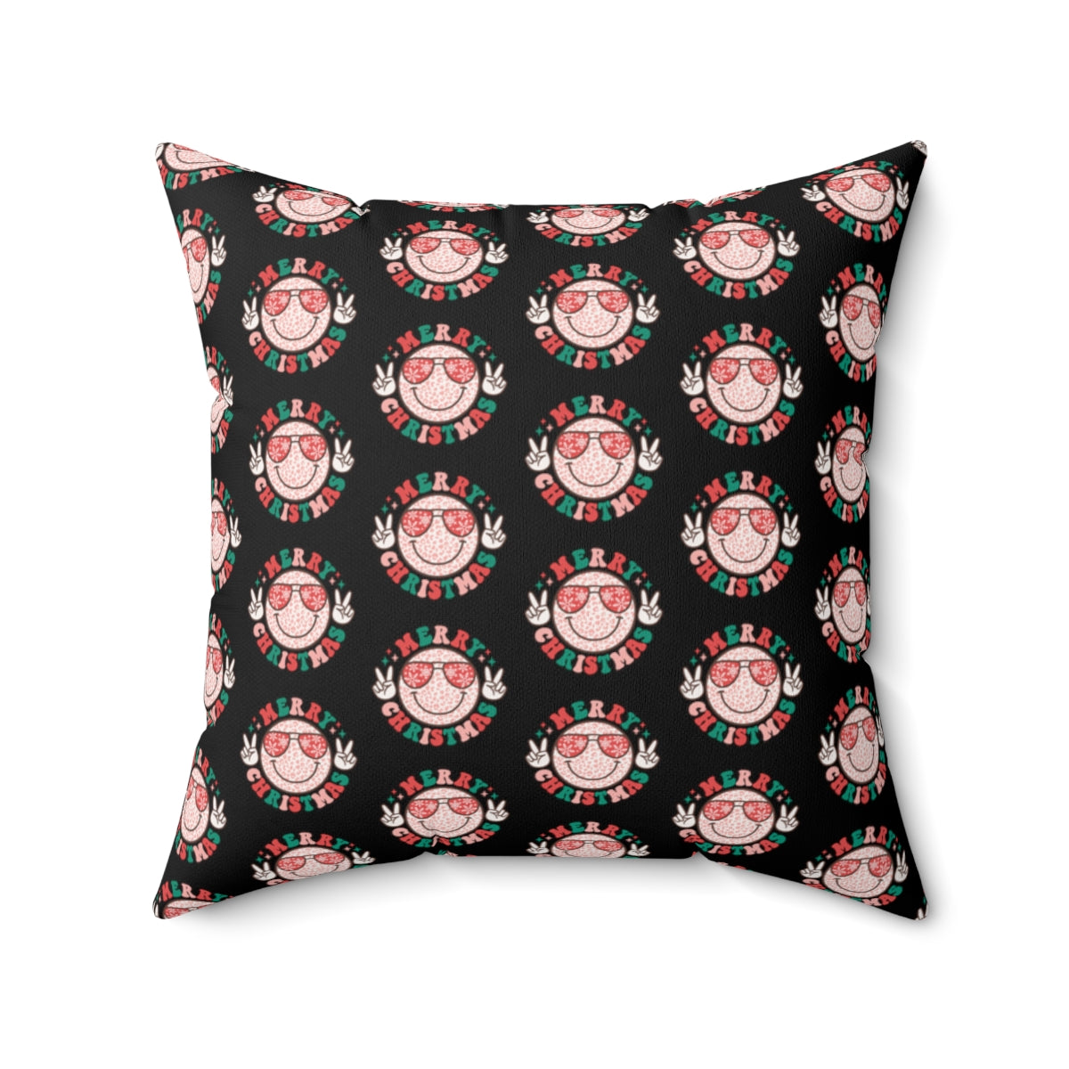 Retro "Merry Christmas" Smiley Face Emoji with Peace Sign Pattern Fall Halloween Spun Polyester Square Pillow