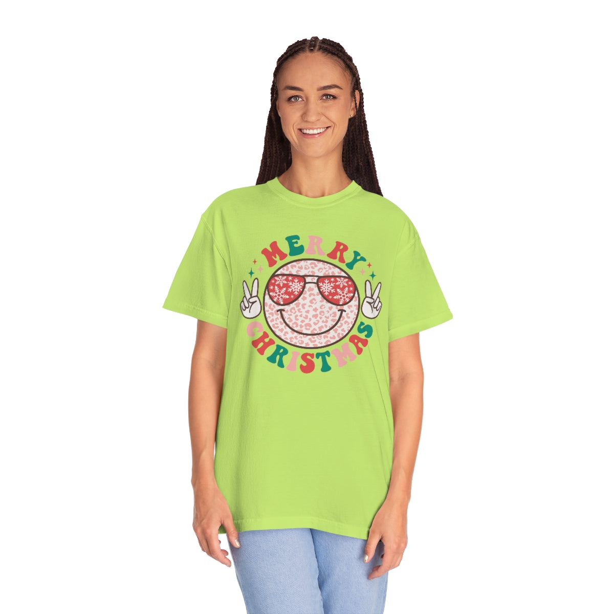 Merry Christmas Smiley Face Peace Sign Multi-Color Unisex Garment-Dyed Comfort Colors PREMIUM T-shirt