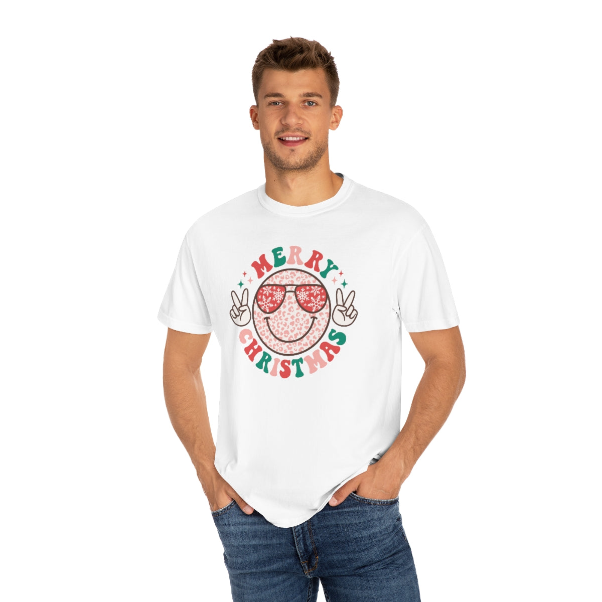 Merry Christmas Smiley Face Peace Sign Multi-Color Unisex Garment-Dyed Comfort Colors PREMIUM T-shirt