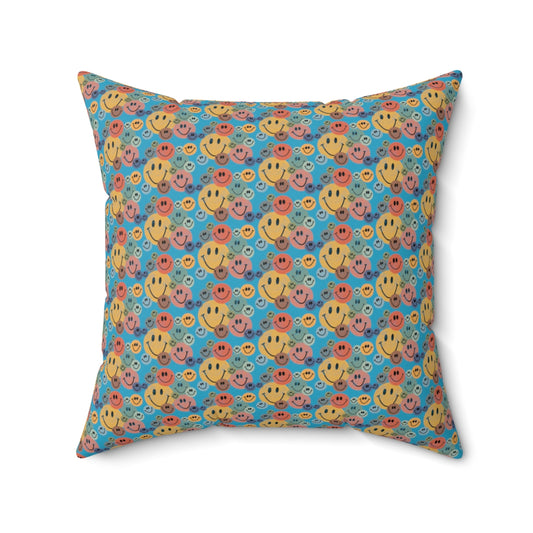 Turquoise Boho Retro Rustic Colored Smiley Face Pattern Spun Polyester Square Pillow