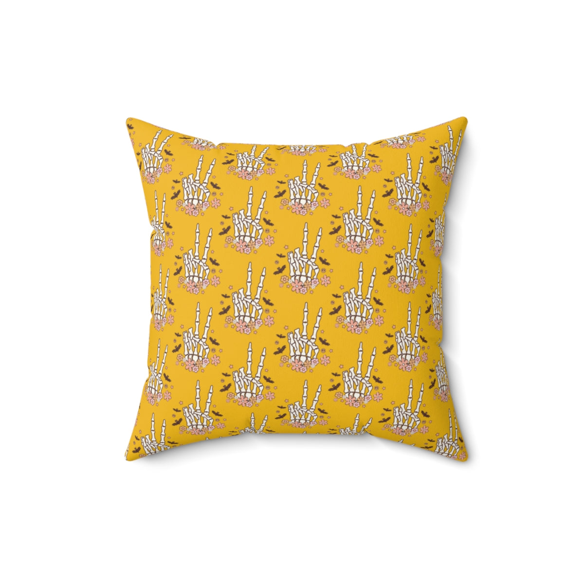 Yellow Boho Skeleton Hand Peace Sign Pattern Fall Halloween Spun Polyester Square Pillow