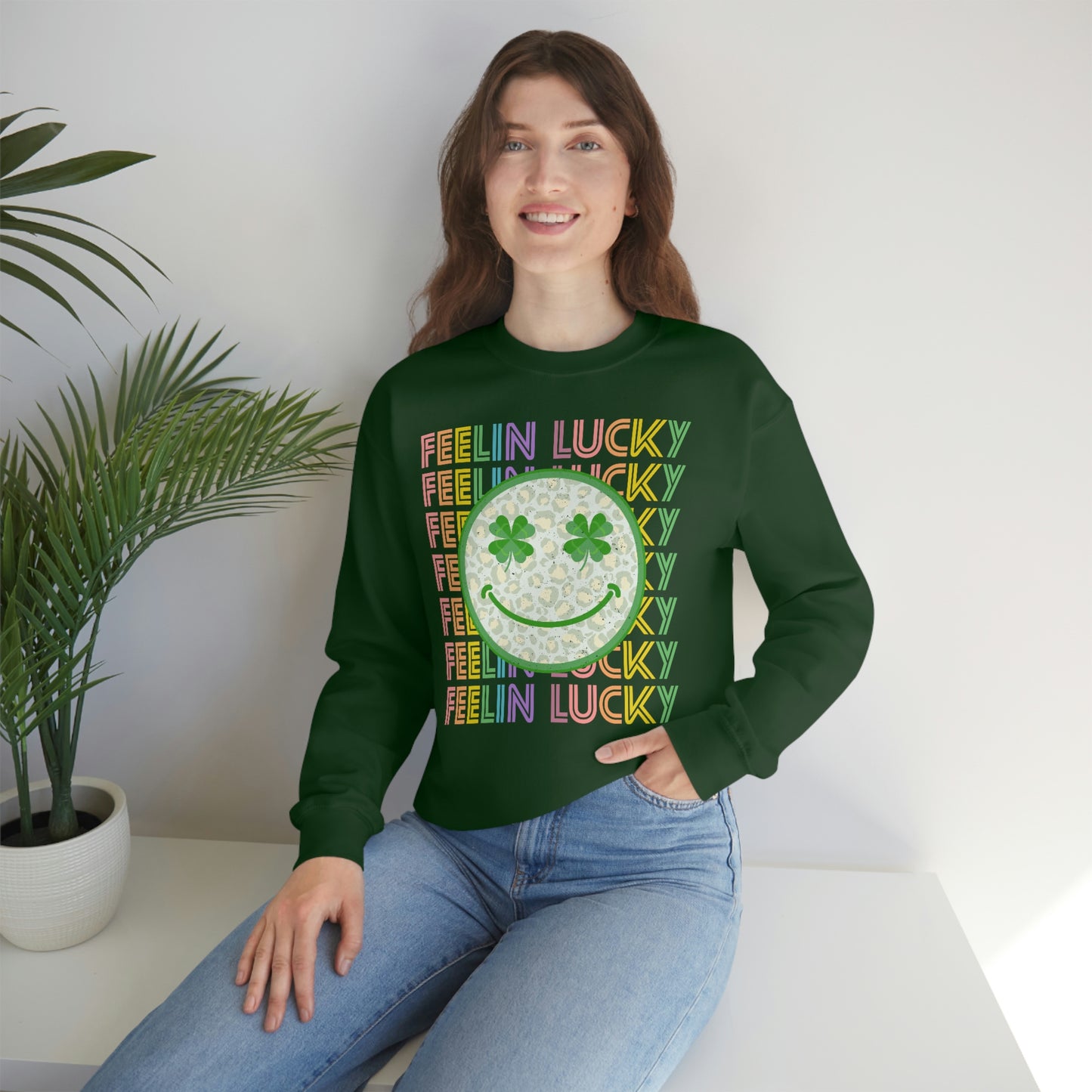 St. Patrick's Day "Feelin Lucky Smiley Face" Unisex Heavy Blend Crewneck Sweatshirt