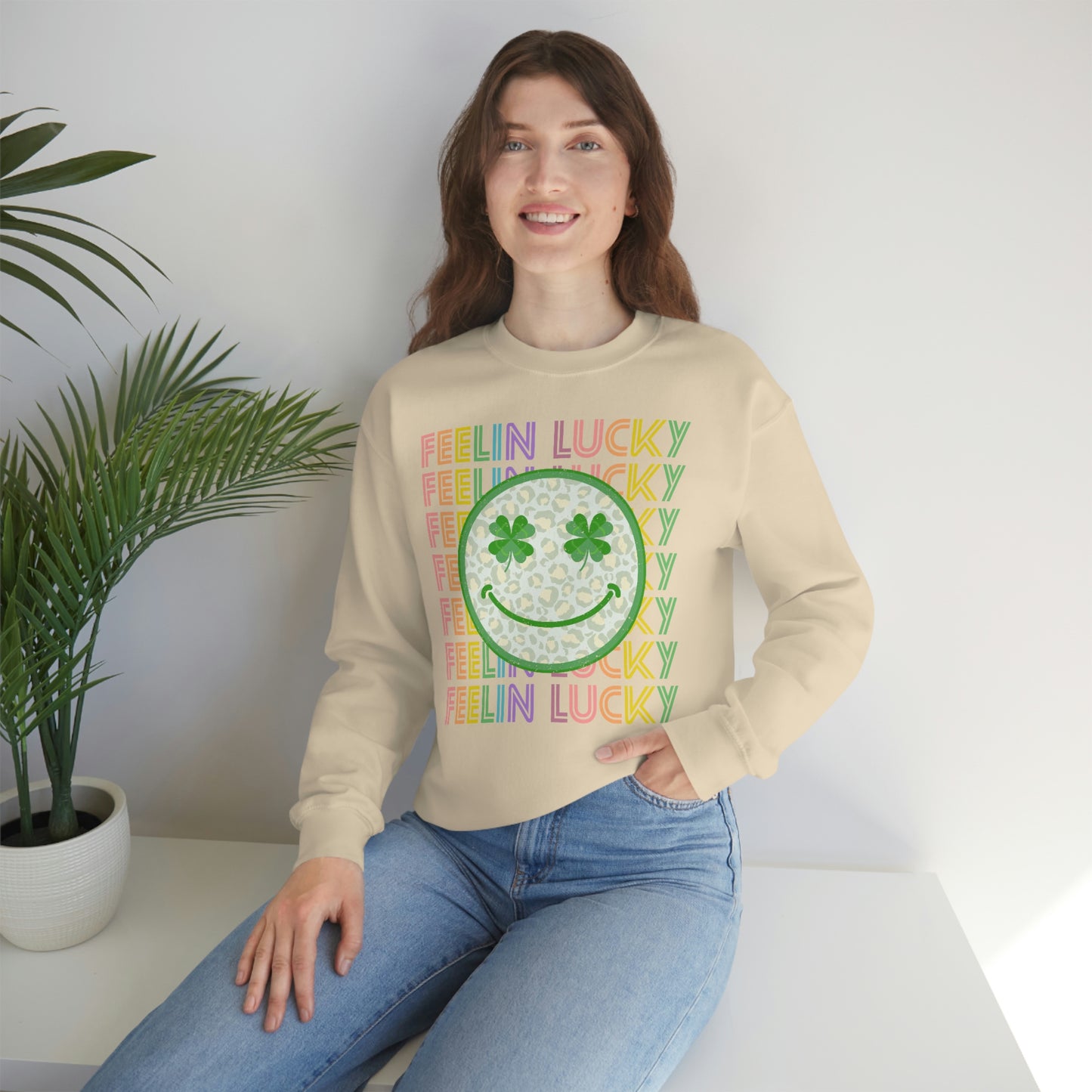 St. Patrick's Day "Feelin Lucky Smiley Face" Unisex Heavy Blend Crewneck Sweatshirt