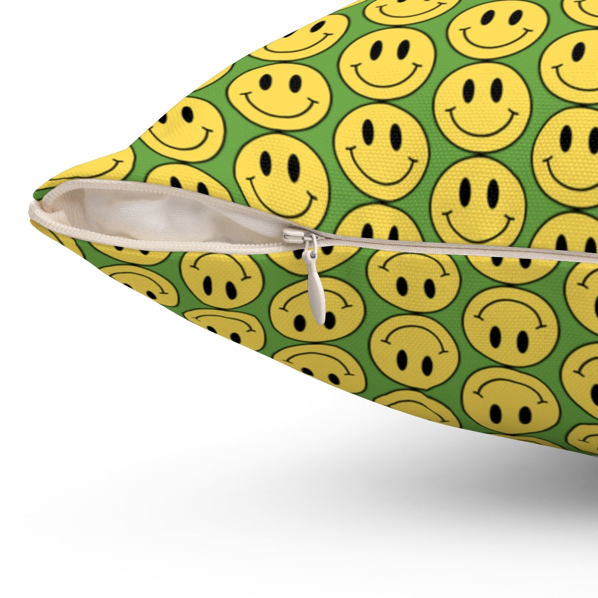 Yellow and Green Smiley Face Pattern Spun Polyester Square Pillow