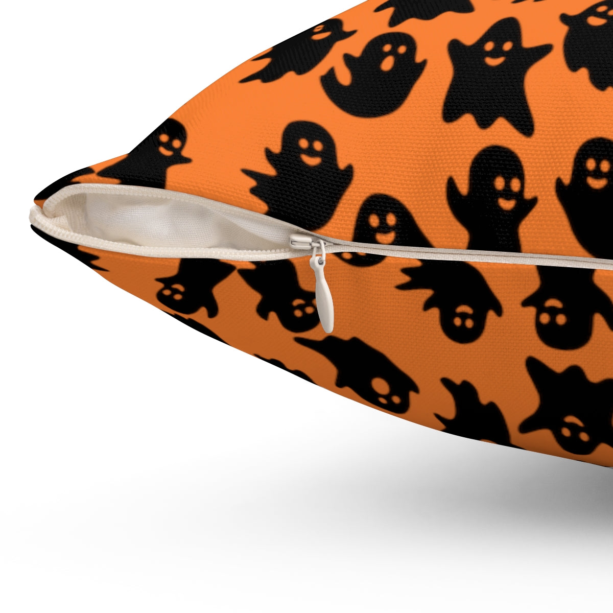 Orange Ghost Pattern Fall Halloween Spun Polyester Square Pillow