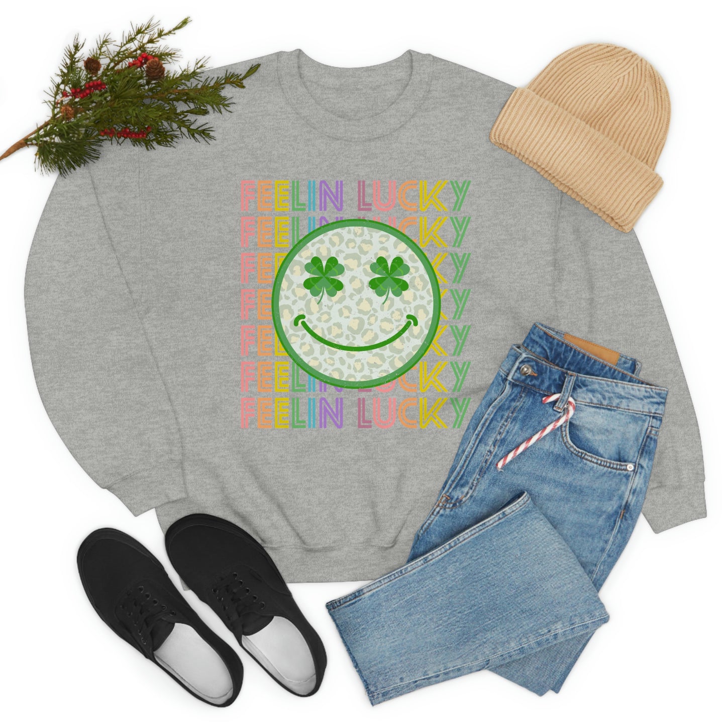 St. Patrick's Day "Feelin Lucky Smiley Face" Unisex Heavy Blend Crewneck Sweatshirt