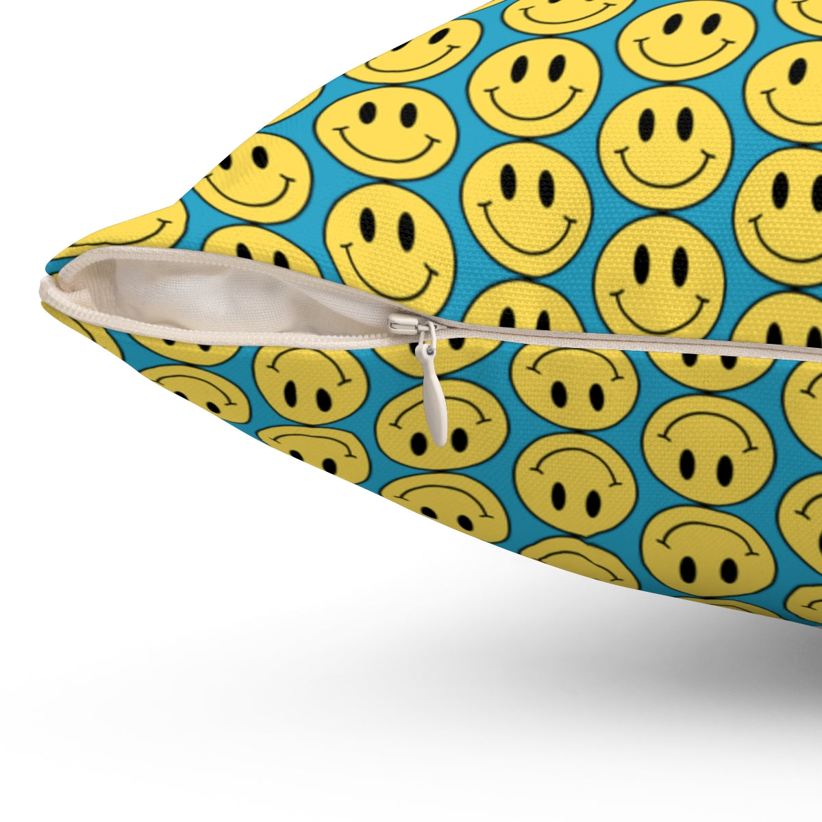 Yellow and Turquoise Smiley Face Pattern Spun Polyester Square Pillow