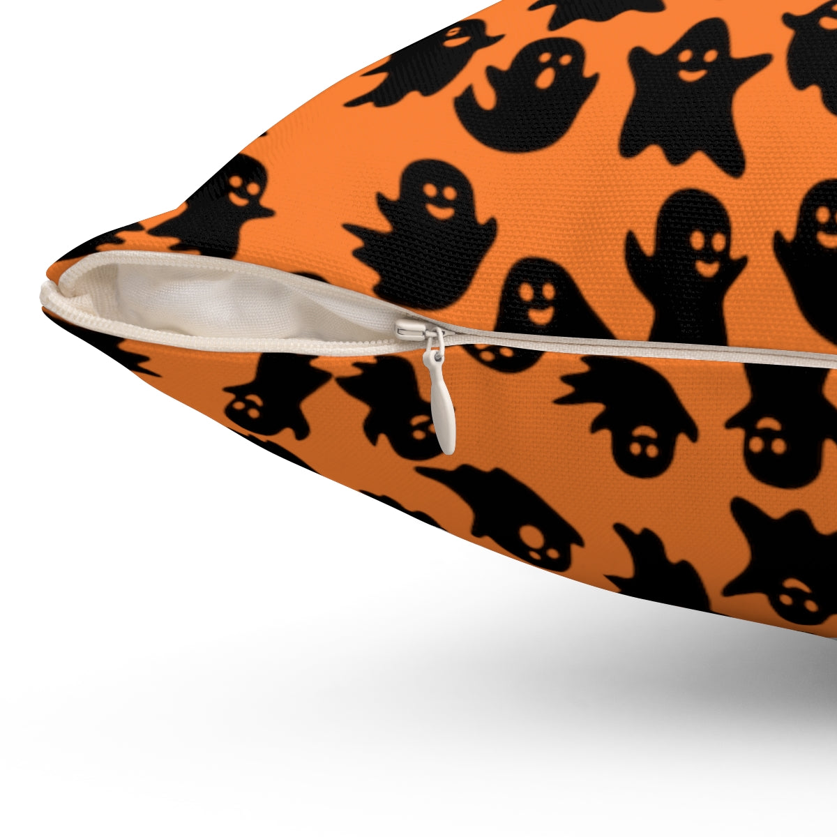 Orange Ghost Pattern Fall Halloween Spun Polyester Square Pillow