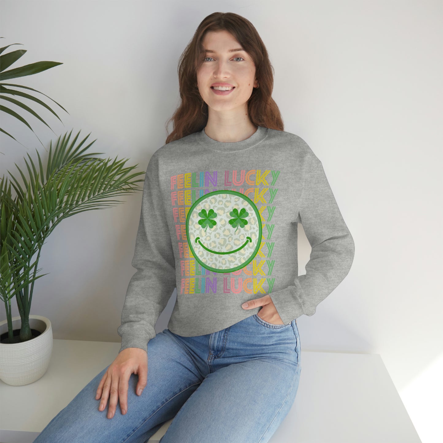 St. Patrick's Day "Feelin Lucky Smiley Face" Unisex Heavy Blend Crewneck Sweatshirt