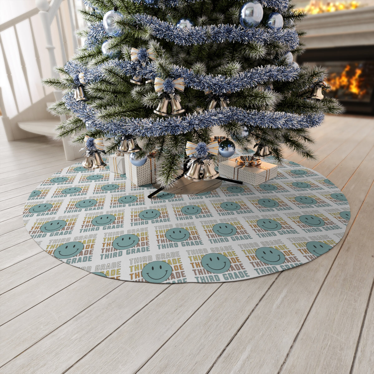 "Third Grade Blue-Green Smiley Face" White Round Tree Skirt