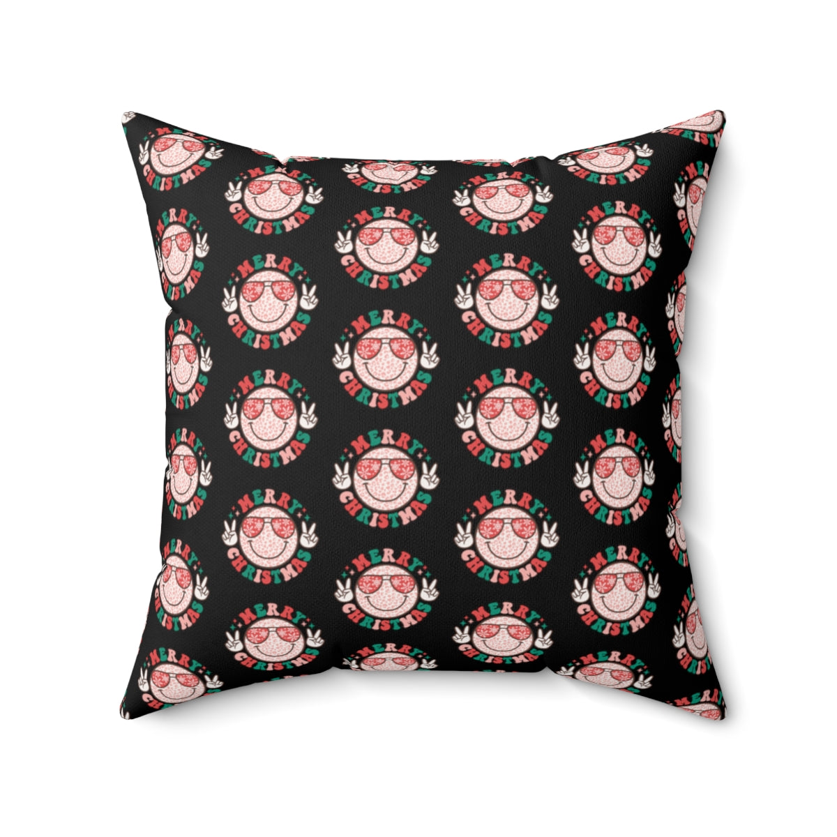 Retro "Merry Christmas" Smiley Face Emoji with Peace Sign Pattern Fall Halloween Spun Polyester Square Pillow