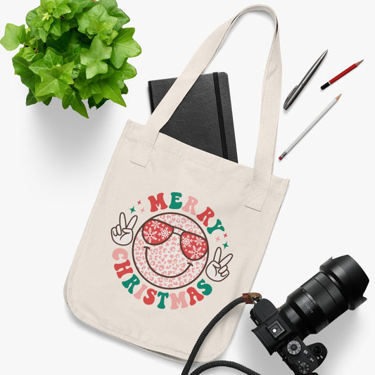 Merry Christmas Smiley Face Peach Sign Canvas Tote Bag