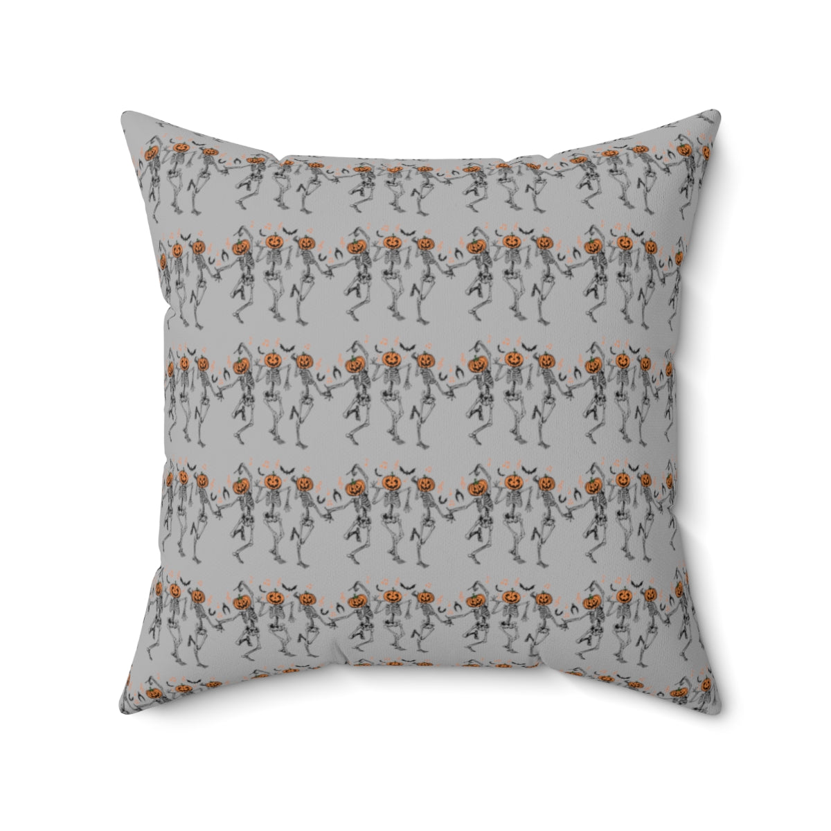 Gray Dancing Pumpkin Head Skeletons Pattern Fall Halloween Spun Polyester Square Pillow