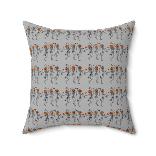 Gray Dancing Pumpkin Head Skeletons Pattern Fall Halloween Spun Polyester Square Pillow