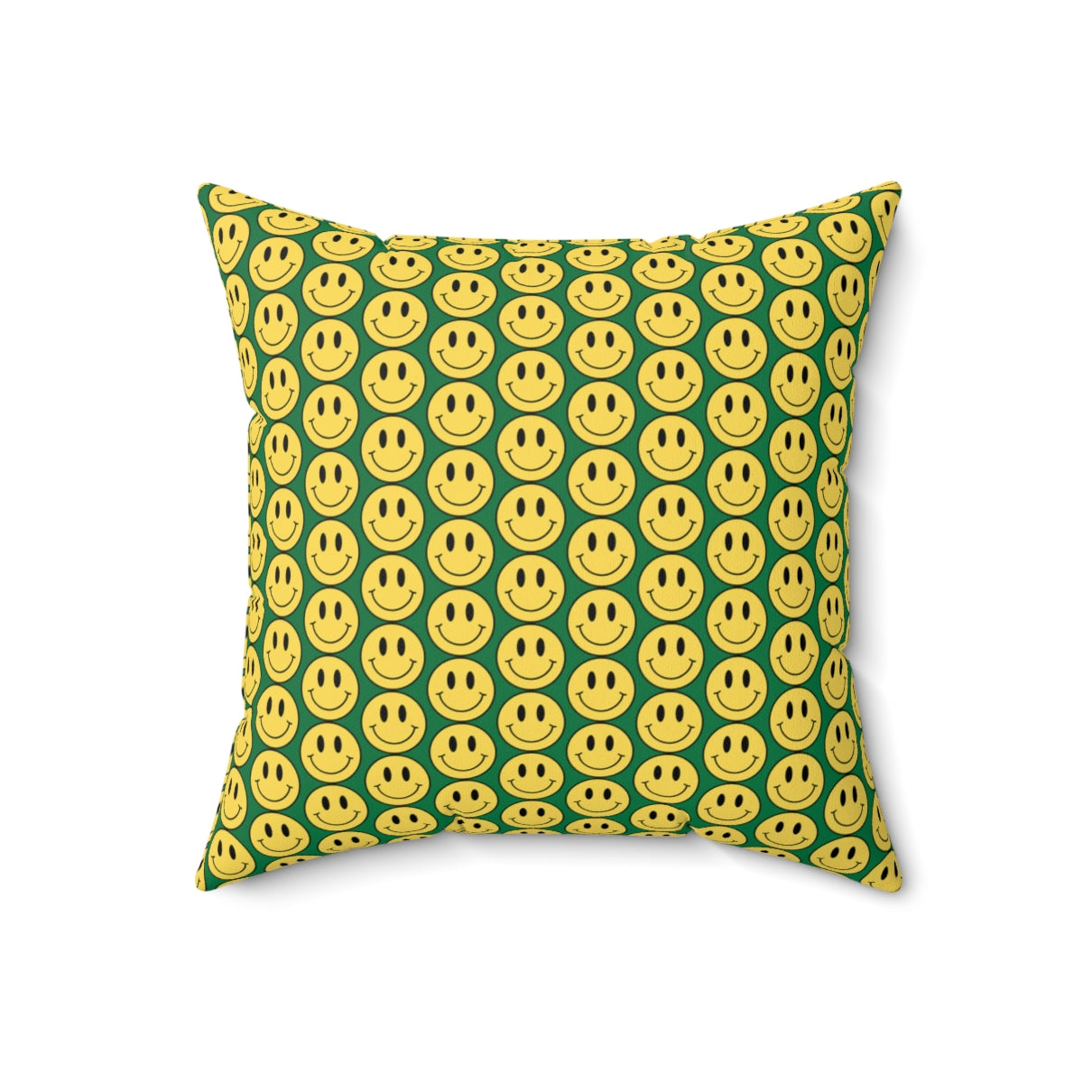 Yellow and Dark Green Smiley Face Pattern Spun Polyester Square Pillow