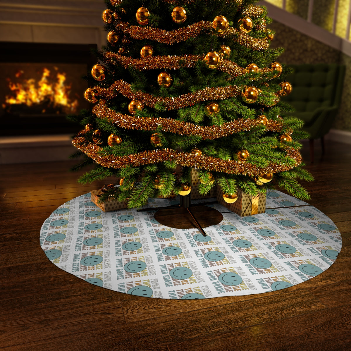 "Third Grade Blue-Green Smiley Face" White Round Tree Skirt