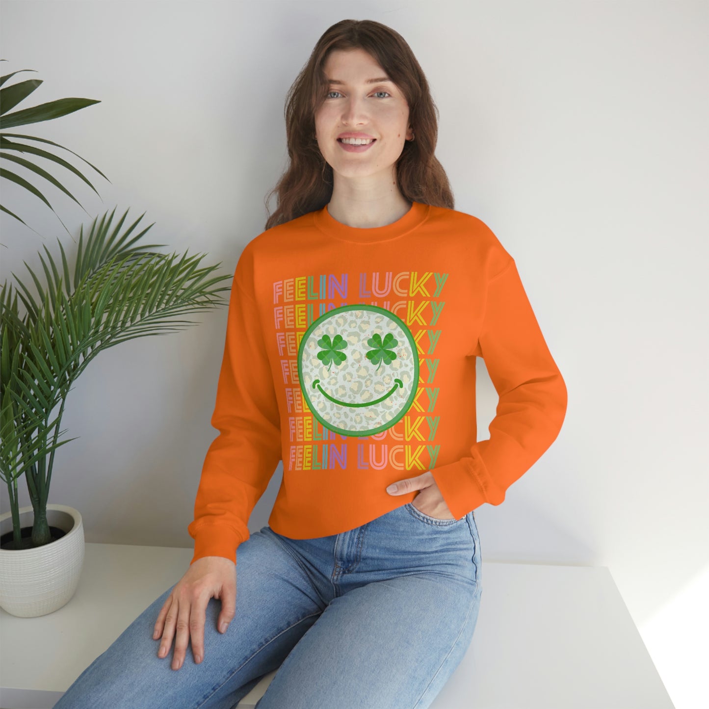 St. Patrick's Day "Feelin Lucky Smiley Face" Unisex Heavy Blend Crewneck Sweatshirt