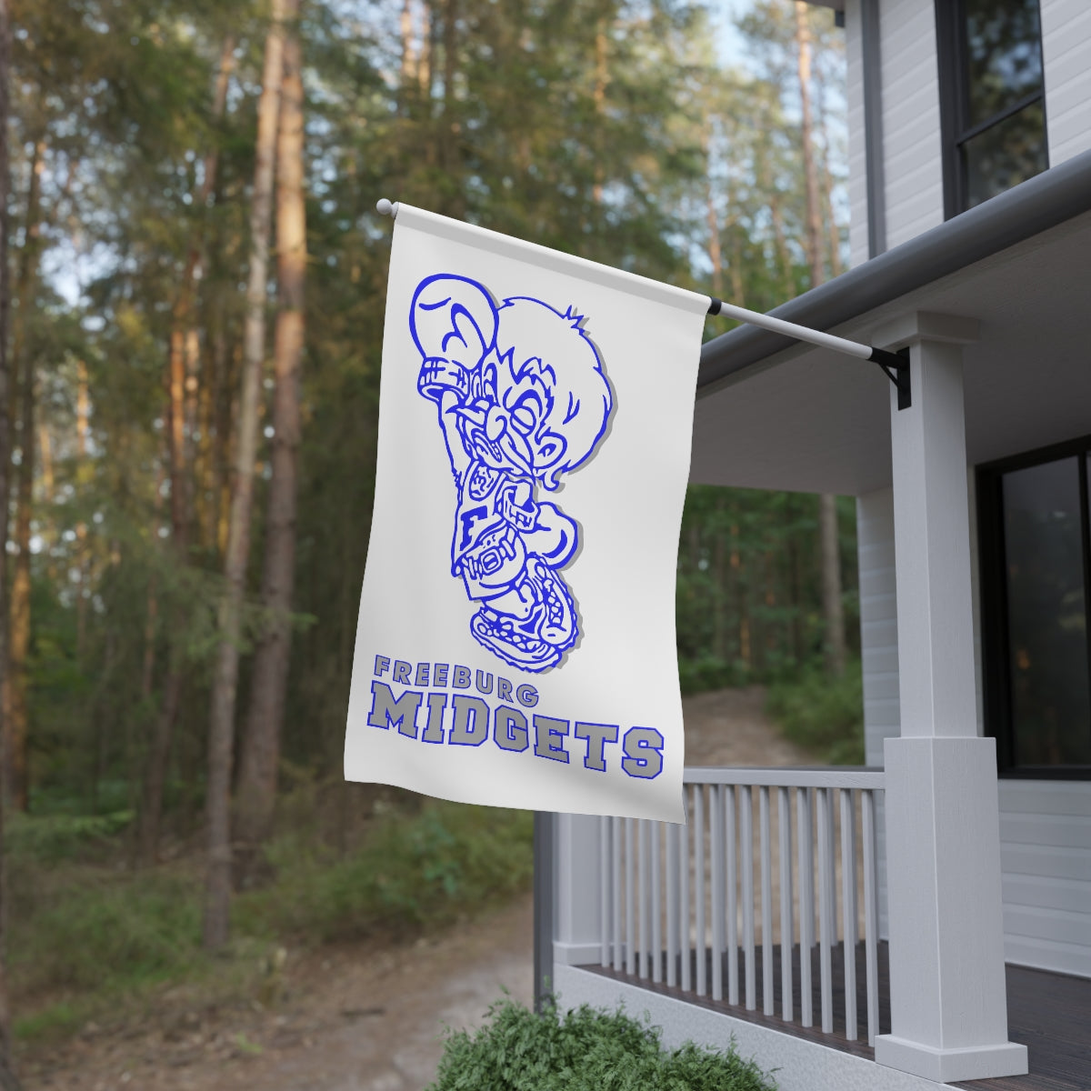 White with Blue and Gray Print Freeburg Midget House Banner