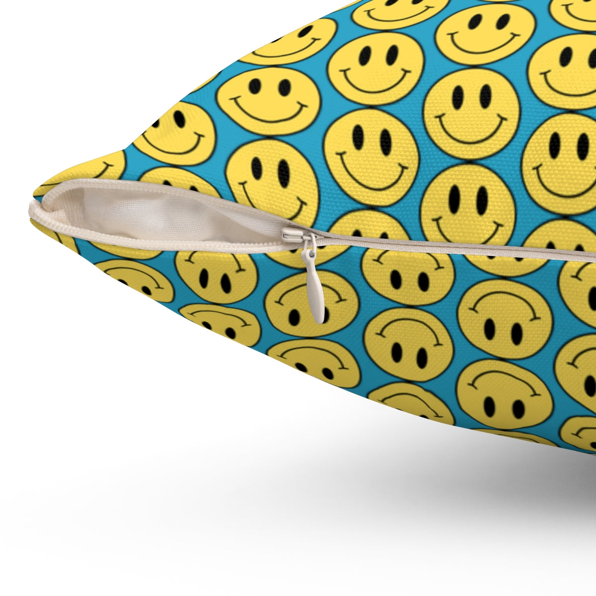 Yellow and Turquoise Smiley Face Pattern Spun Polyester Square Pillow