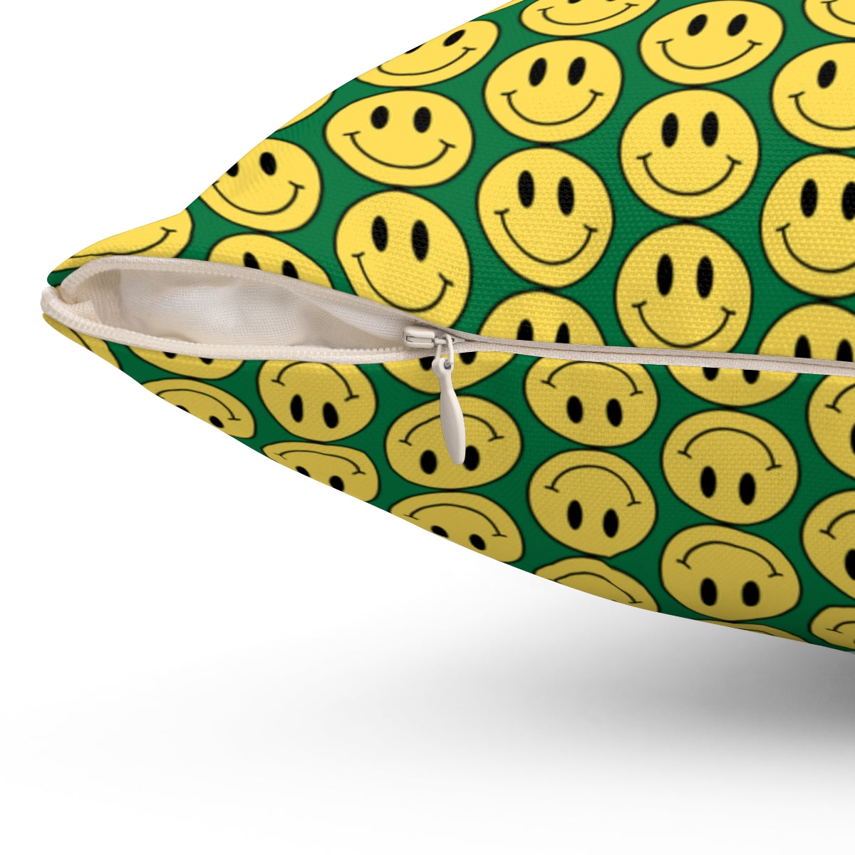 Yellow and Dark Green Smiley Face Pattern Spun Polyester Square Pillow