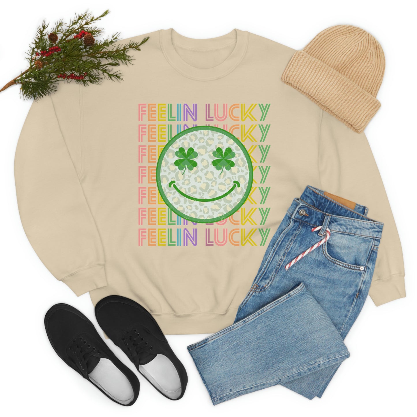 St. Patrick's Day "Feelin Lucky Smiley Face" Unisex Heavy Blend Crewneck Sweatshirt