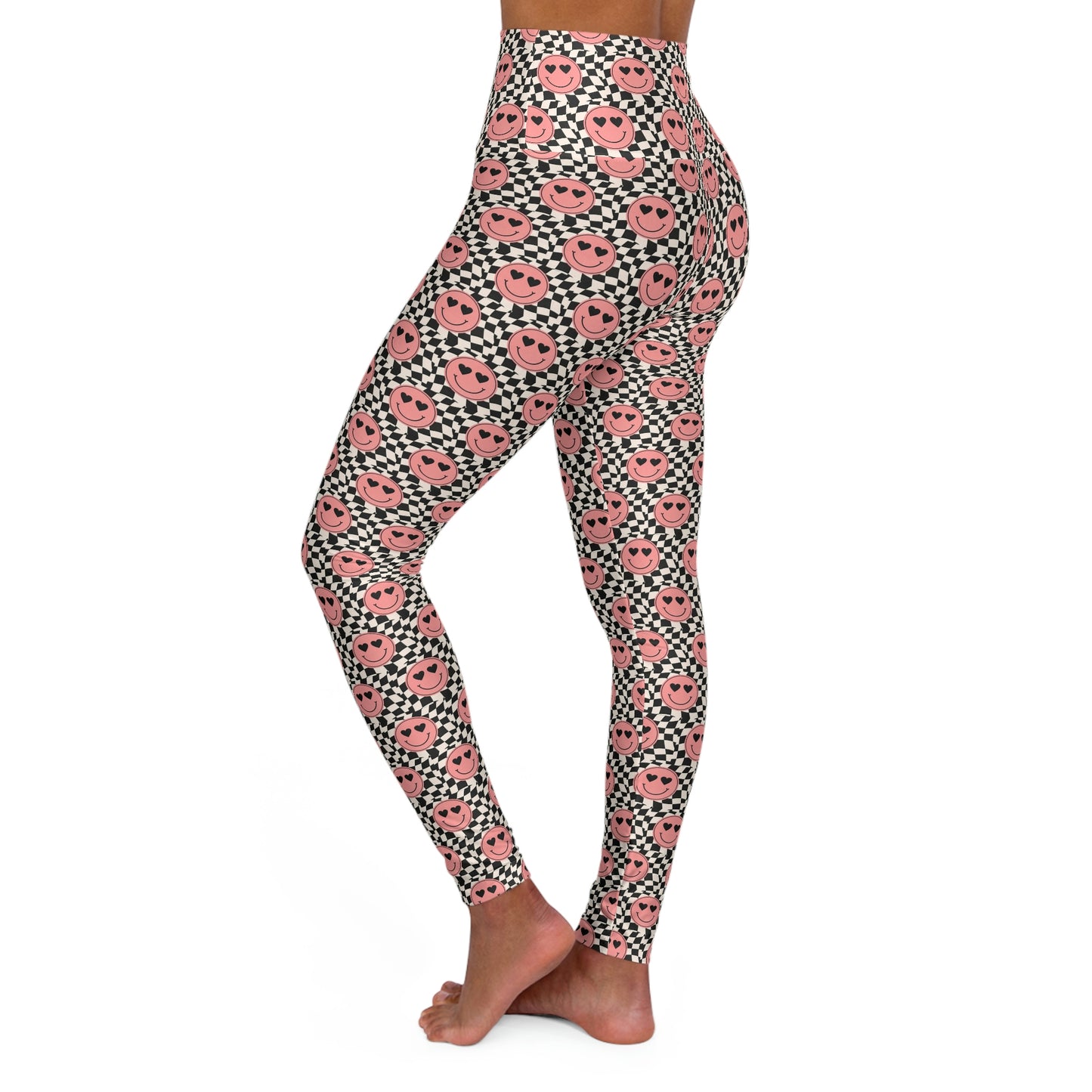 Heart Eyes Smiley Face with Checkered Background High Waisted Yoga Leggings