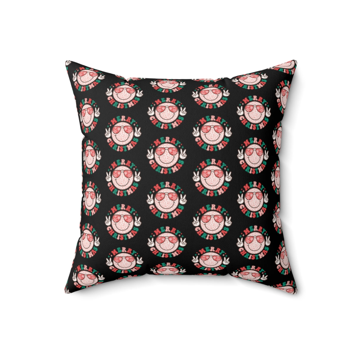 Retro "Merry Christmas" Smiley Face Emoji with Peace Sign Pattern Fall Halloween Spun Polyester Square Pillow