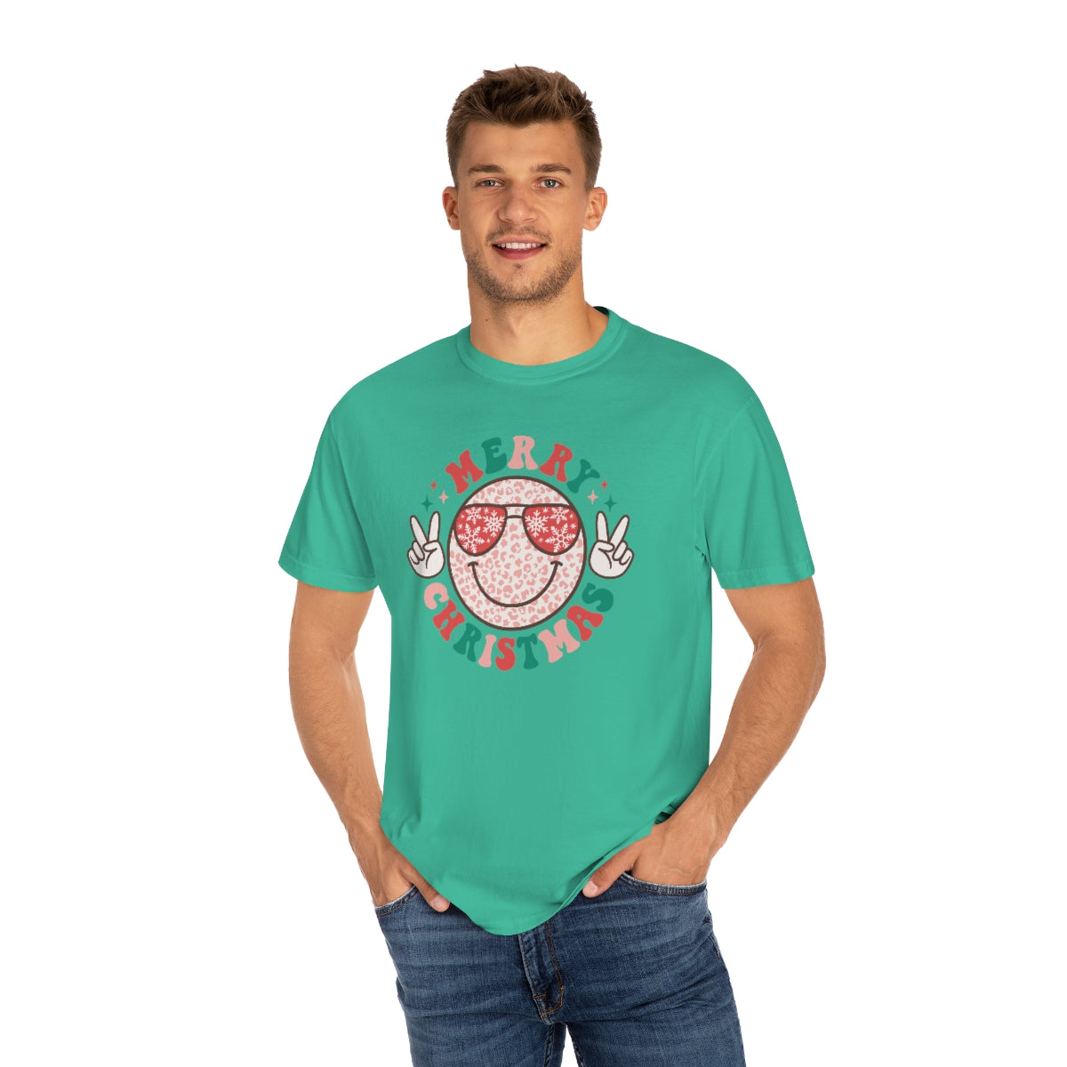 Merry Christmas Smiley Face Peace Sign Multi-Color Unisex Garment-Dyed Comfort Colors PREMIUM T-shirt