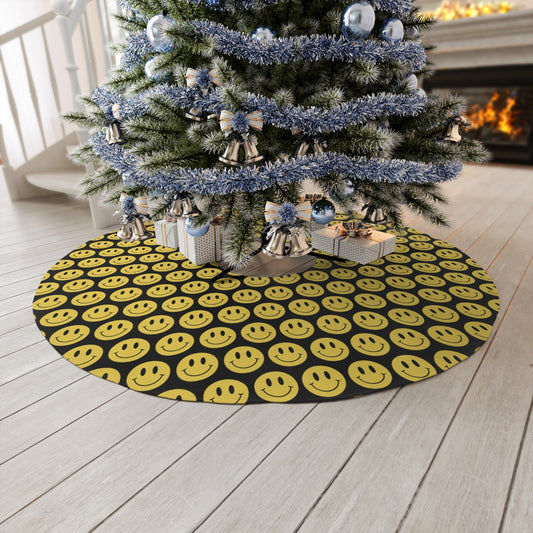 Traditional Yellow and Black Smiley Face Round Tree Skirt