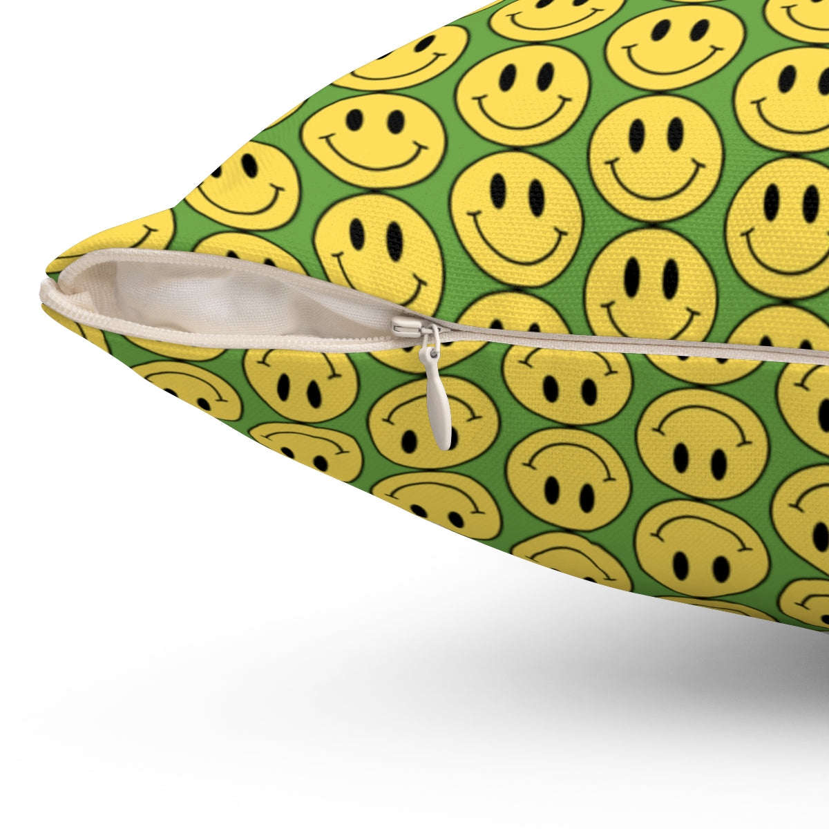 Yellow and Green Smiley Face Pattern Spun Polyester Square Pillow