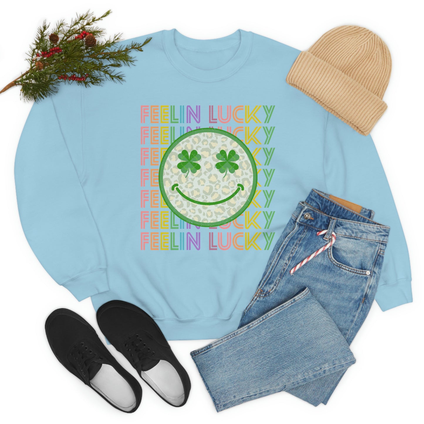 St. Patrick's Day "Feelin Lucky Smiley Face" Unisex Heavy Blend Crewneck Sweatshirt