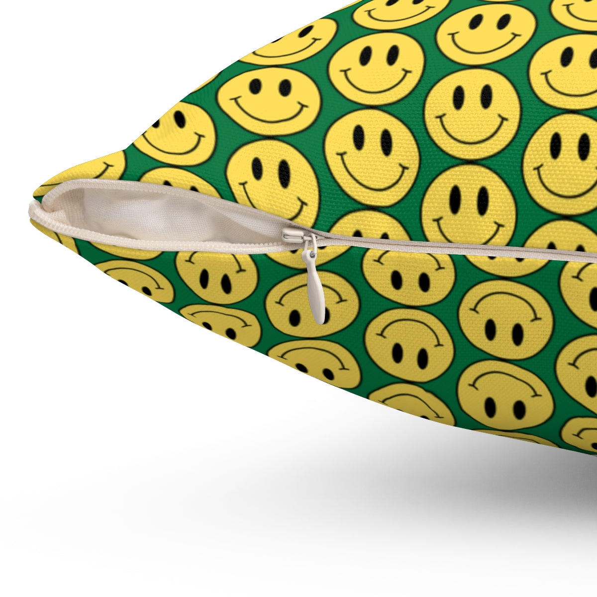 Yellow and Dark Green Smiley Face Pattern Spun Polyester Square Pillow