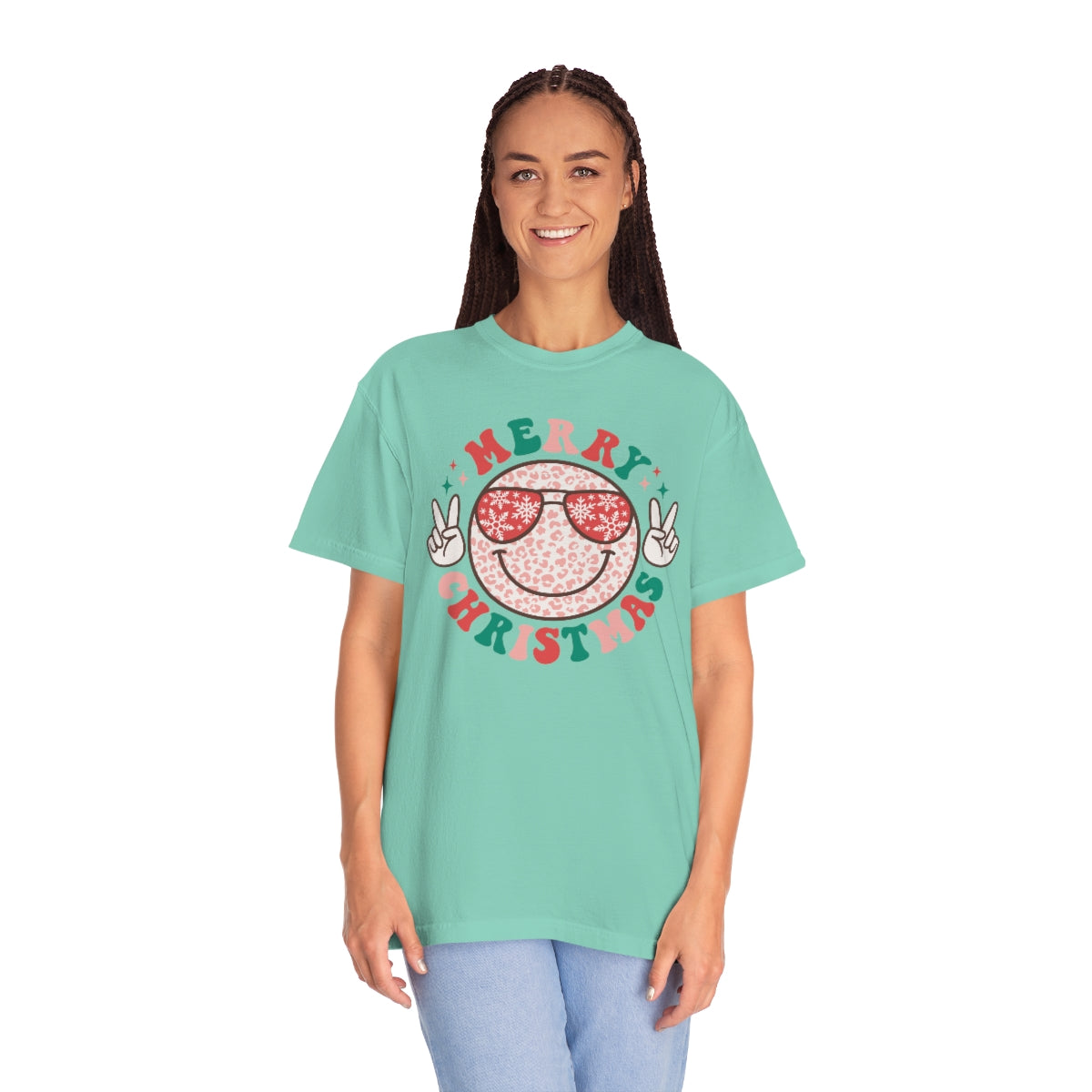 Merry Christmas Smiley Face Peace Sign Multi-Color Unisex Garment-Dyed Comfort Colors PREMIUM T-shirt