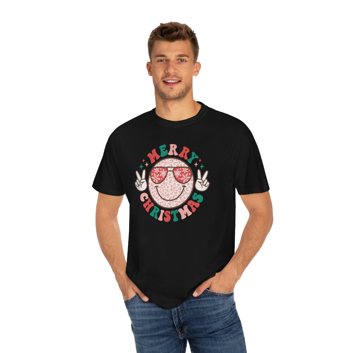 Merry Christmas Smiley Face Peace Sign Multi-Color Unisex Garment-Dyed Comfort Colors PREMIUM T-shirt