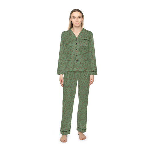 Rustic Green Reindeer Women's Satin Pajamas (AOP)