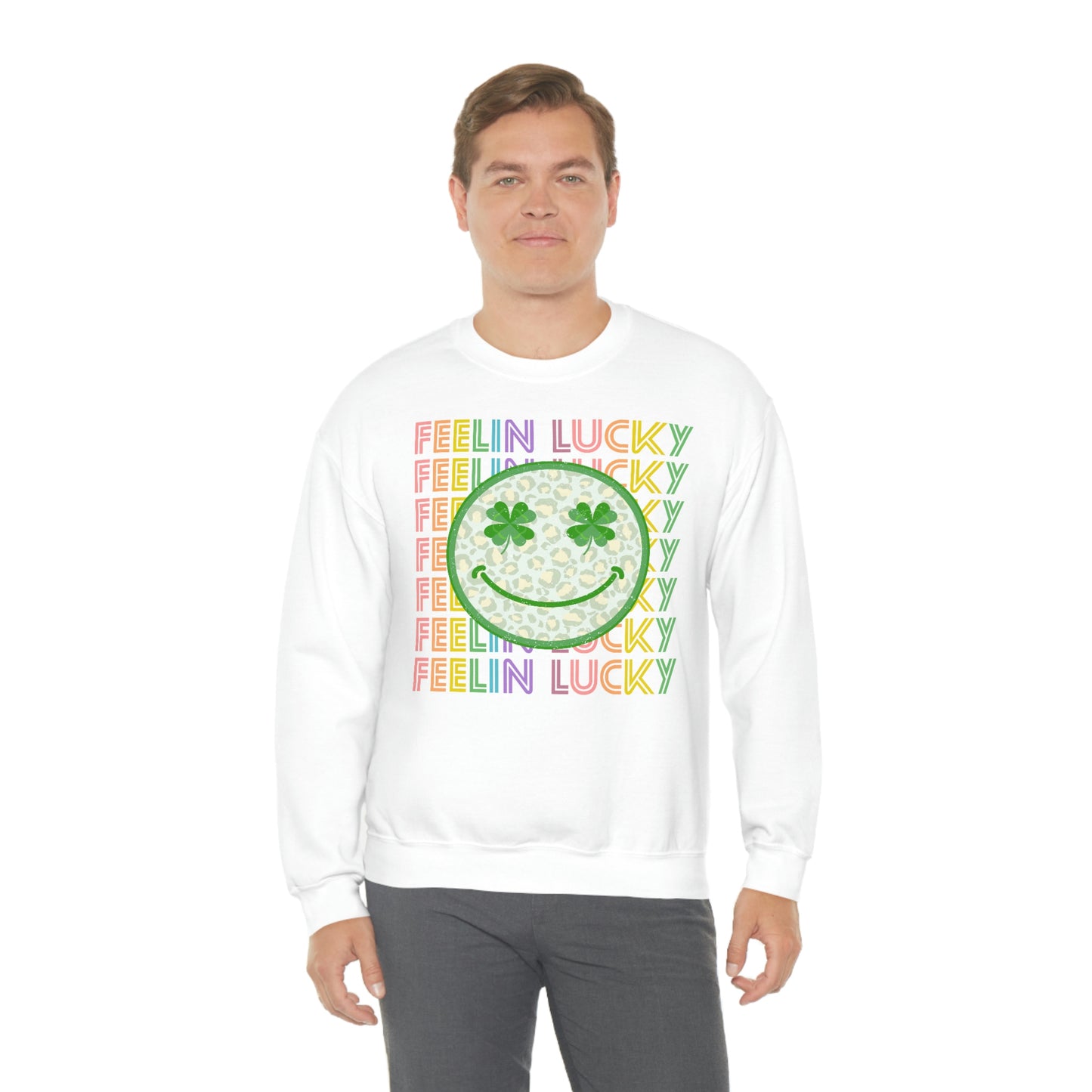 St. Patrick's Day "Feelin Lucky Smiley Face" Unisex Heavy Blend Crewneck Sweatshirt