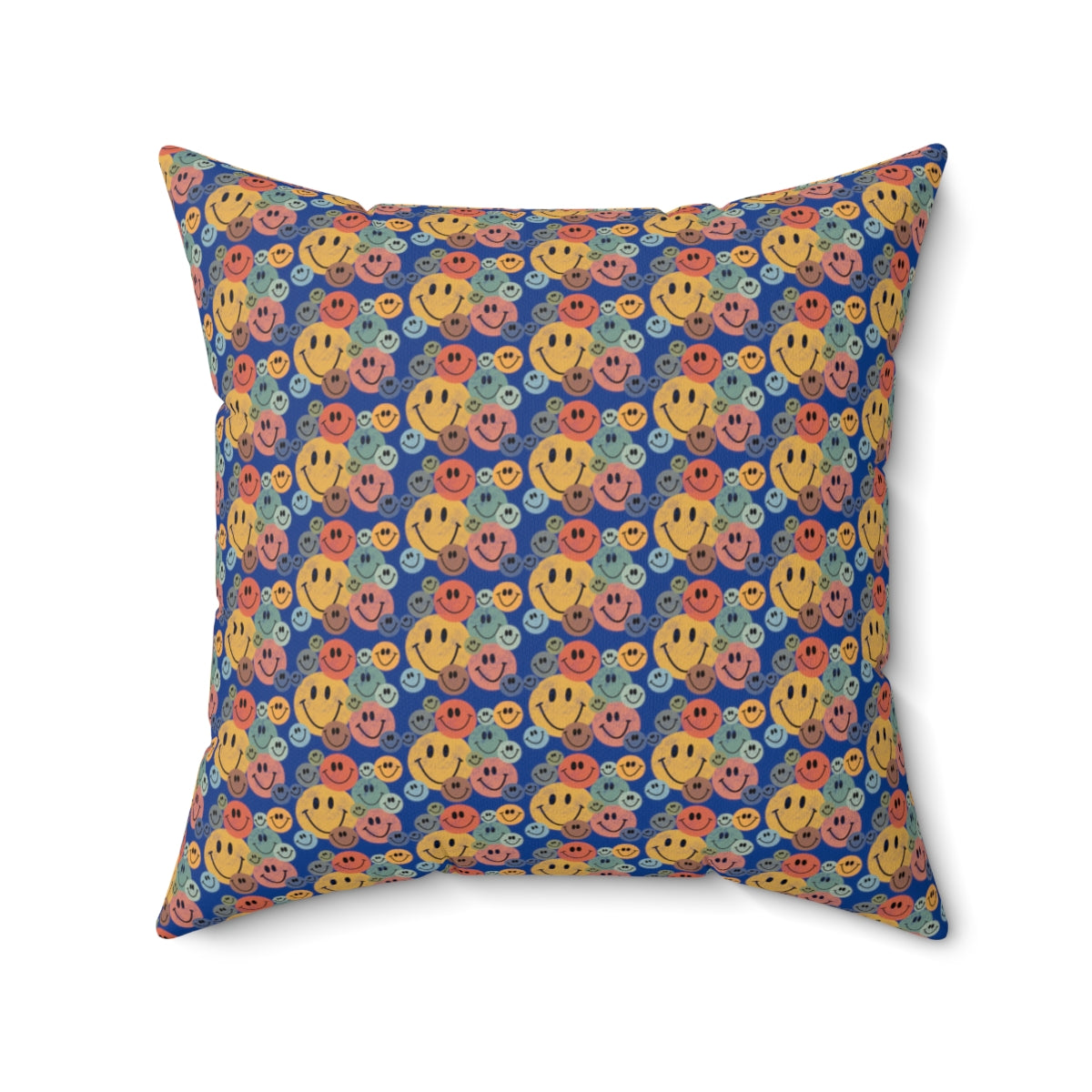 Blue Boho Retro Rustic Colored Smiley Face Pattern Spun Polyester Square Pillow