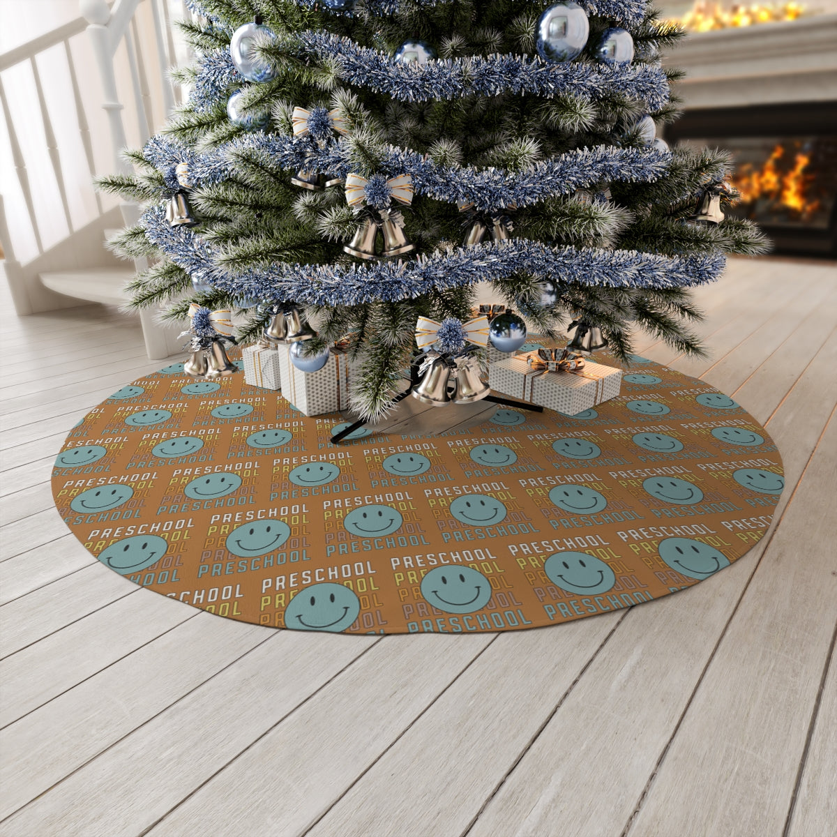 "Preschool Blue Green Smiley Face" Light Brown Round Tree Skirt