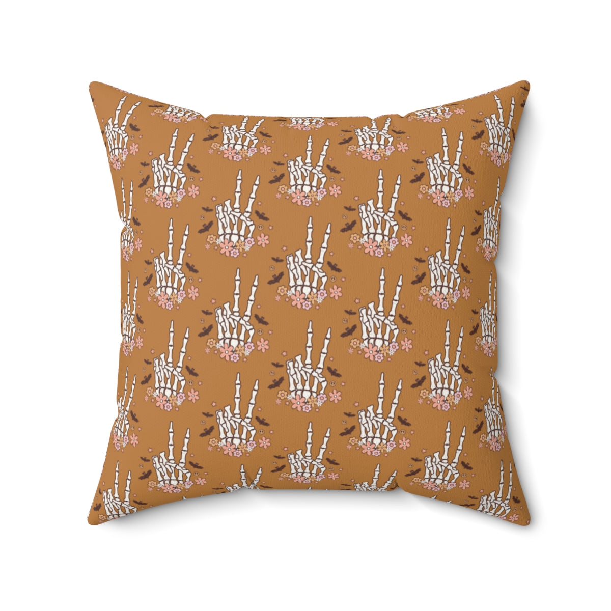 Light Brown Boho Skeleton Hand Peace Sign Pattern Fall Halloween Spun Polyester Square Pillow