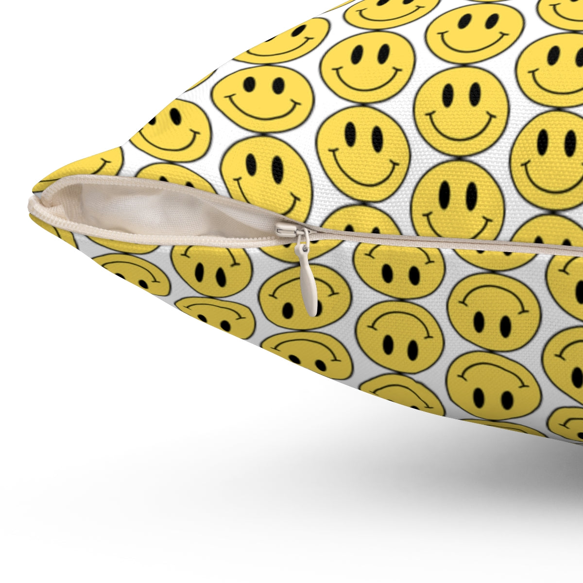 Yellow and White Smiley Face Pattern Spun Polyester Square Pillow