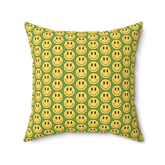 Yellow and Green Smiley Face Pattern Spun Polyester Square Pillow